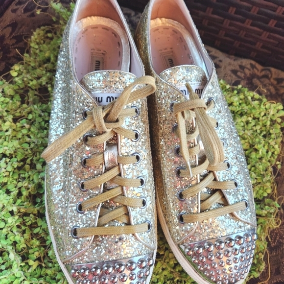 MIU MIU Gold Glitter Sparkle Silver Studs Toe Lace Up Flat Luxury Sneakers 40 - Picture 8 of 16